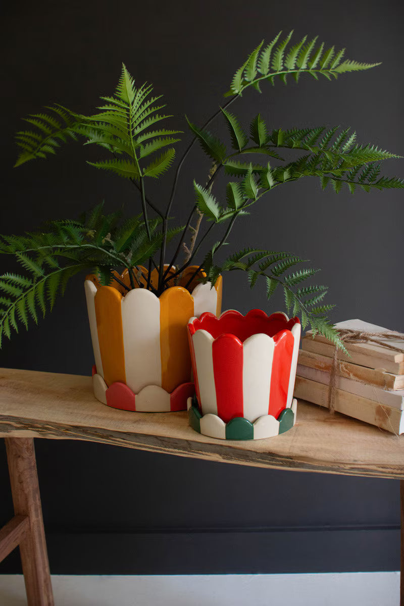 Striped Ceramic Flower Pots with Trays
