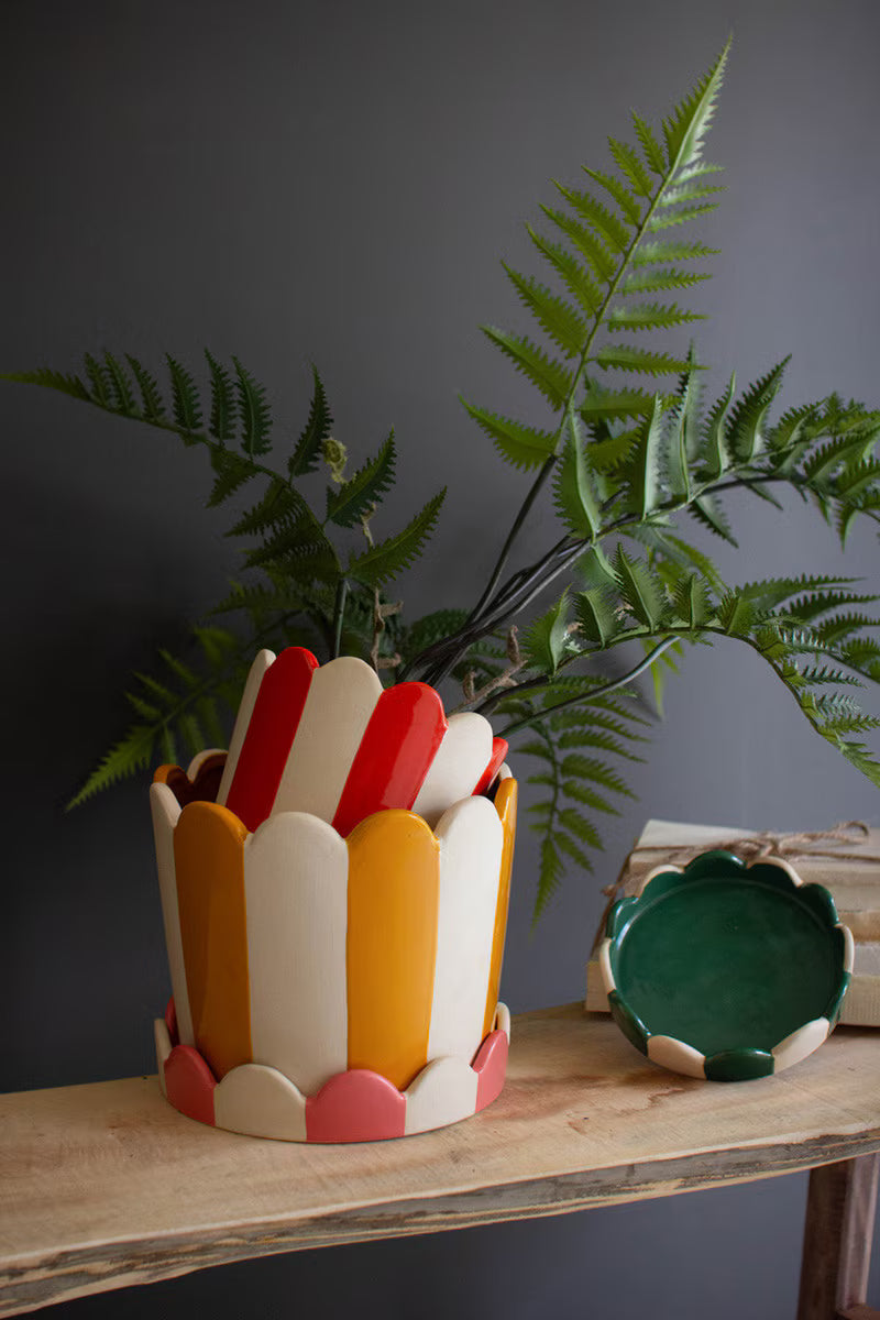 Striped Ceramic Flower Pots with Trays