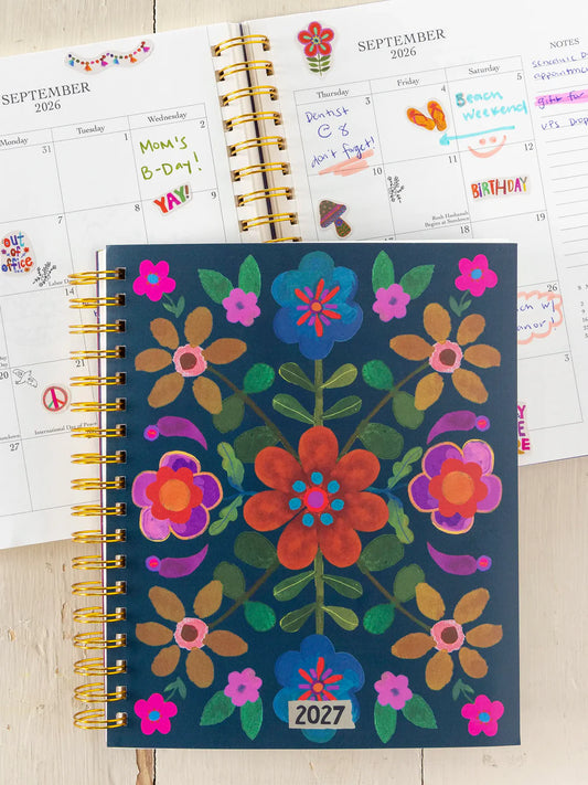 2026-27 17 Month Planner - Teal Folk Flower