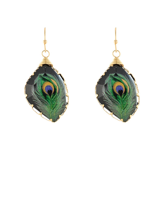 Geometric & Printed Peacock Feather Earrings
