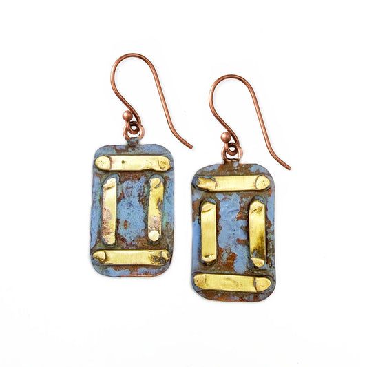 Blue Bars Copper Patina Earrings