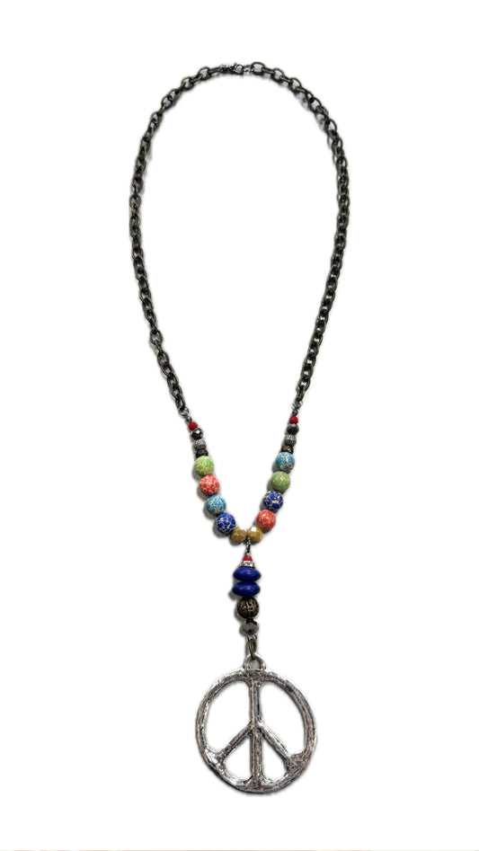 Chain Link & Clay Bead Peace Sign Necklace