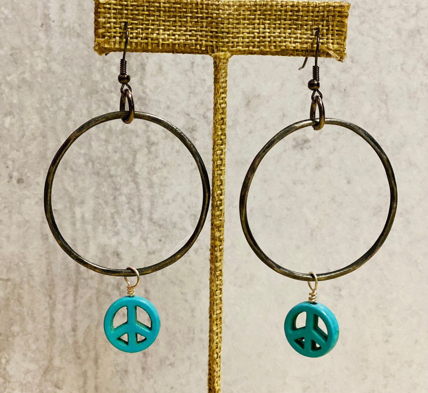 Gunmetal Circle Turquoise Peace Sign Earrings