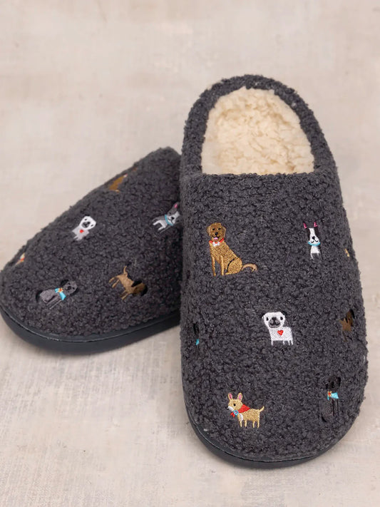Embroidered Sherpa Slippers - Dogs