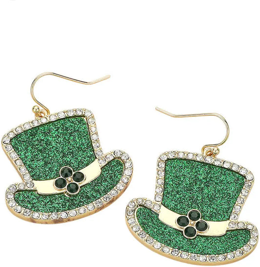 Glitter & Rhinestone Leprechaun Hat Earrings