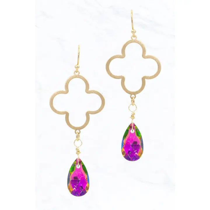 Gold Clover Earrings with Teardrop Crystal