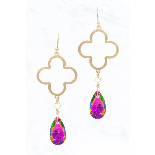 Gold Clover Earrings with Teardrop Crystal