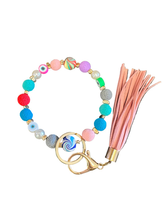 Evil Eye Bead Key Ring w/ Leather Tassel