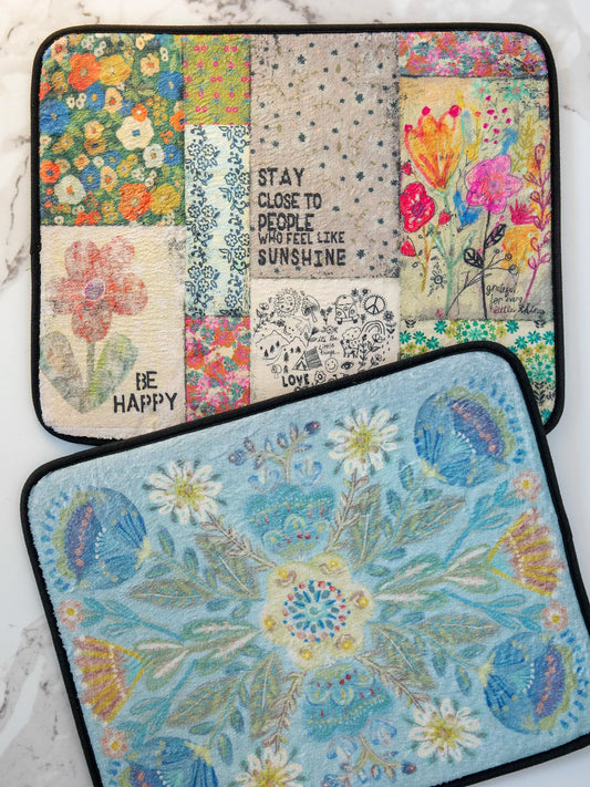 Reversible Dish Drying Mat - Dusty Blue Folk Flower