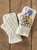 Embroidered Fingerless Gloves - Cream Flowers