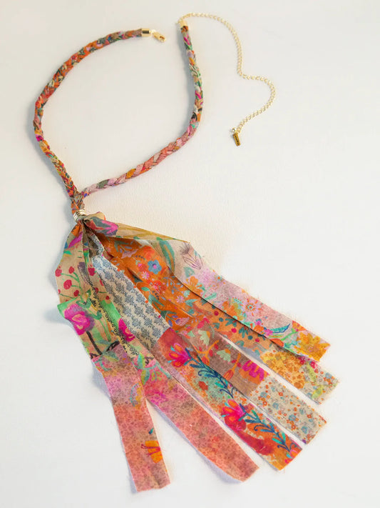 Pink Floral Patchwork Braided Bandana Necklace