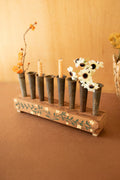 Eight Metal Bud Vases with Hand-Painted Wooden Base