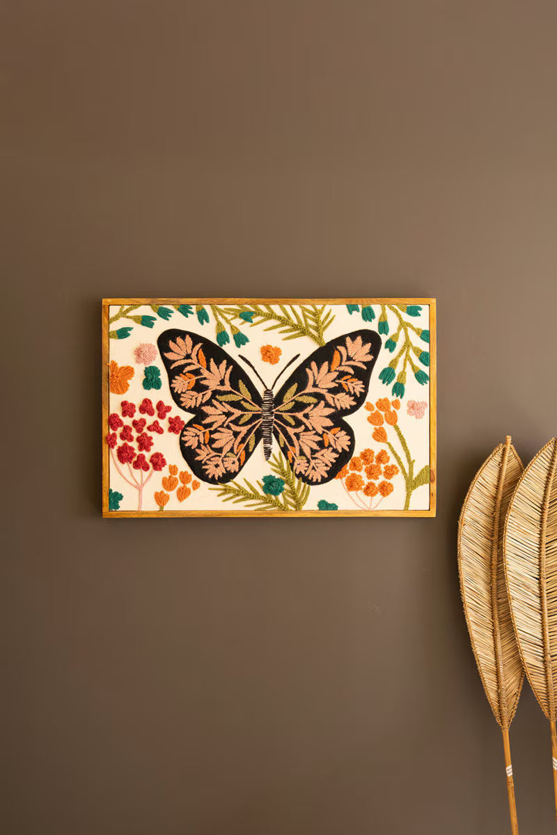 Butterfly and Flowers Framed Hand-Hooked Art