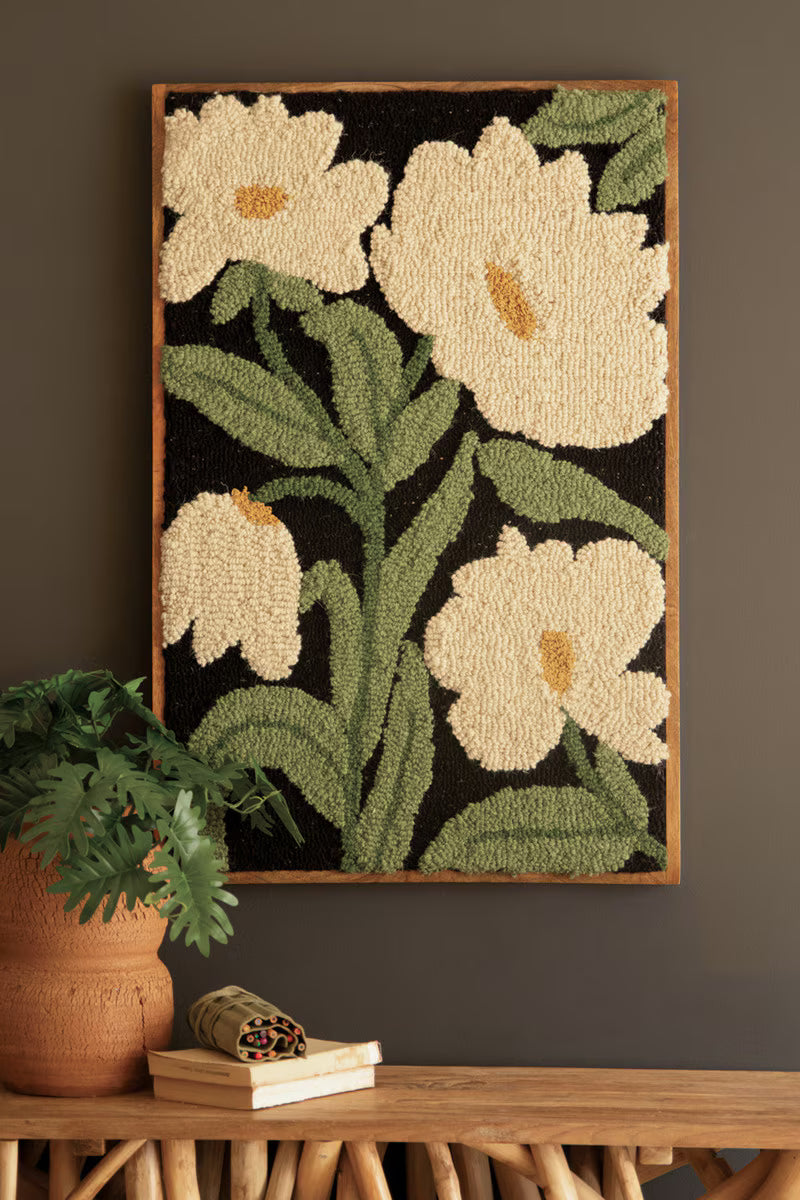 Framed Hand-Hooked Art with White Flowers