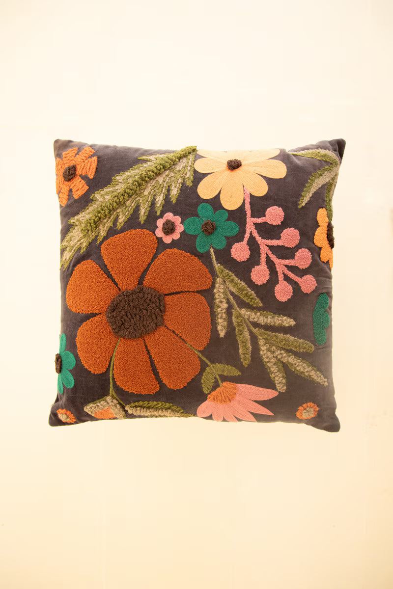 Embroidered Velvet Pillow with Flowers