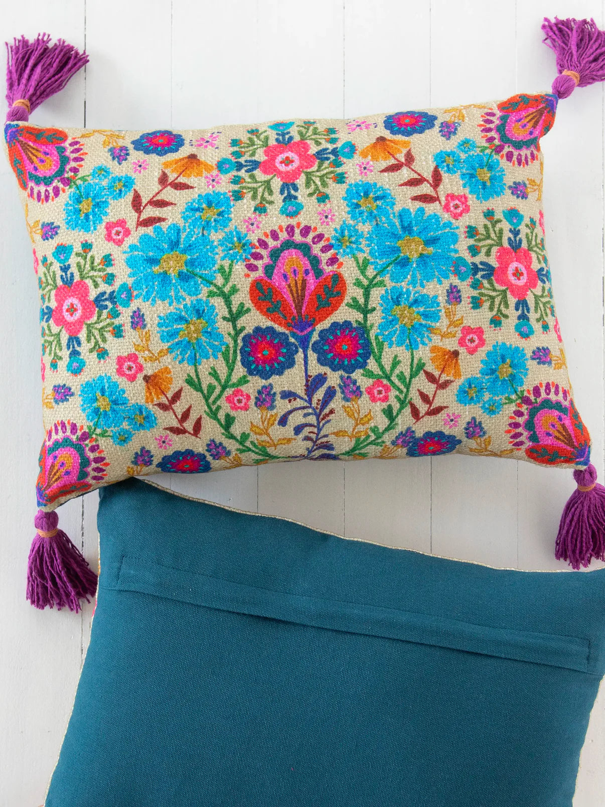 Boho Cotton Tassel Pillow - Cream Folk Flower
