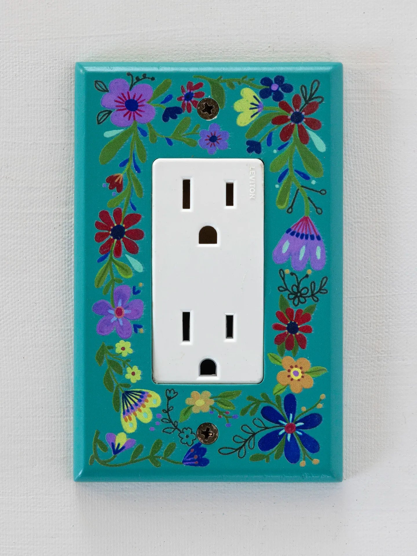 Turquoise Flower Painted Wooden Switch Cover