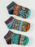 Boho Ankle Socks, Set of 3 - Teal Folk Flower SKU: