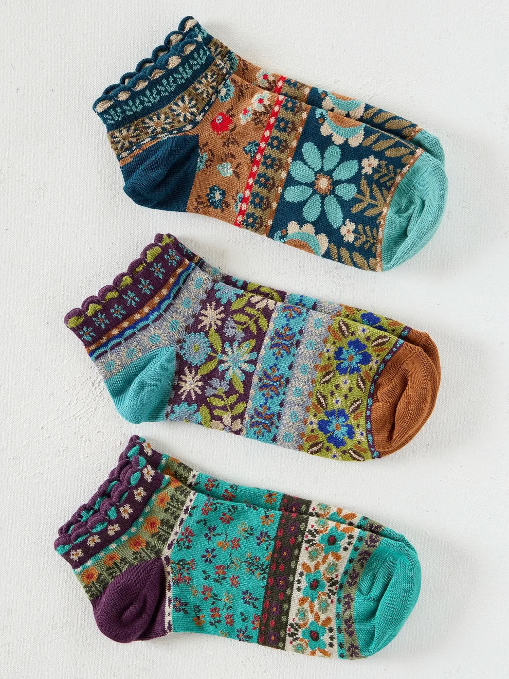 Boho Ankle Socks, Set of 3 - Teal Folk Flower SKU: