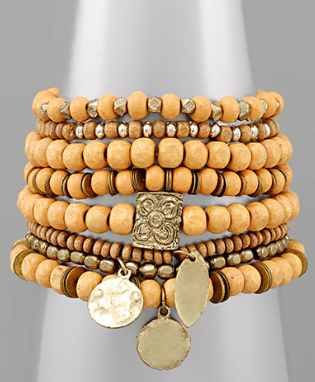Hammered Charm & Wood Bracelet