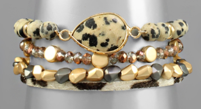 Dalmatian Stone & Glass Beaded Bracelet