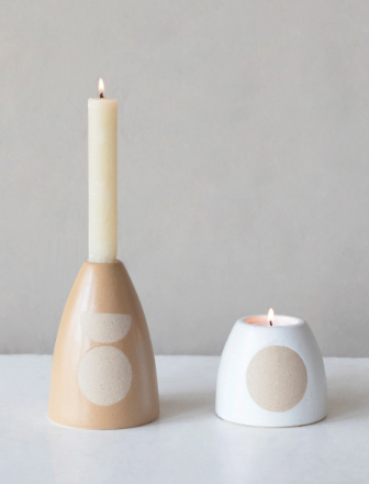 White & Tan Stoneware Candle Holders