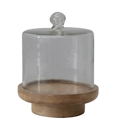 Glass Cloche with Footed Wood Base