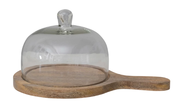 Glass Cloche with Wooden Handle Base