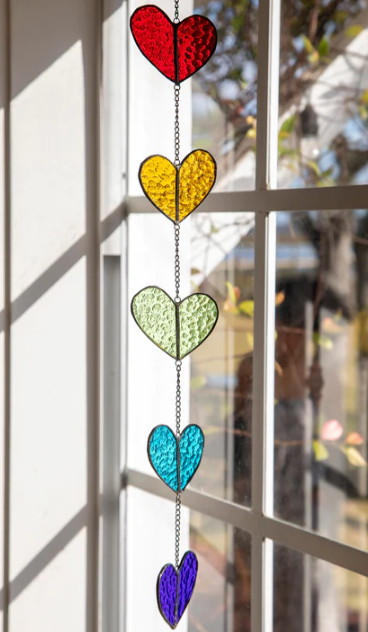 Stained Glass Sun Catcher - Rainbow Hearts
