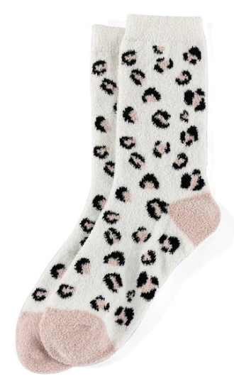 Leopard Print Plush Socks, Ivory