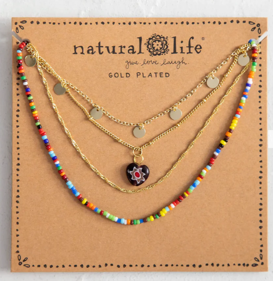 Layered Chain & Millefiori Heart Necklace - Gold Heart
