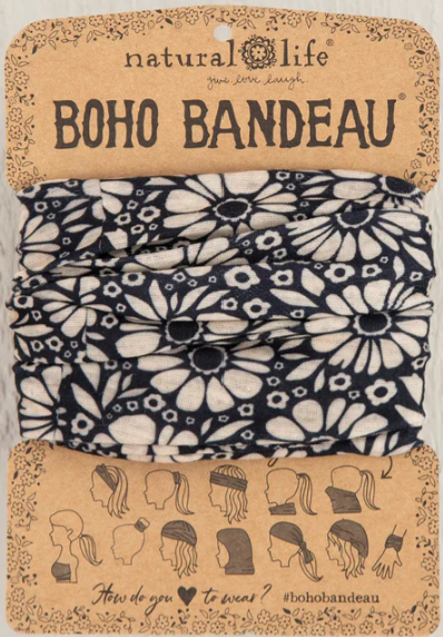 Full Boho Bandeau Headband - Black White Daisies