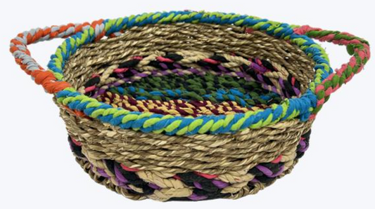 Woven Round Kantha Basket With Handles