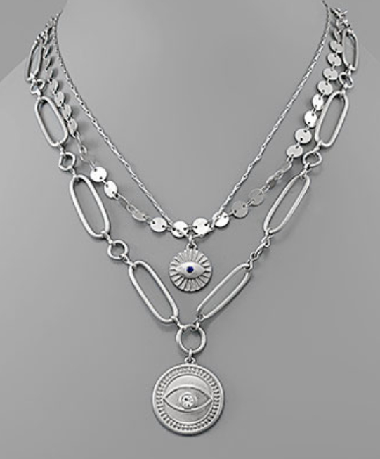 Evil Eye Coin 3 Layer Necklace-Worn Silver