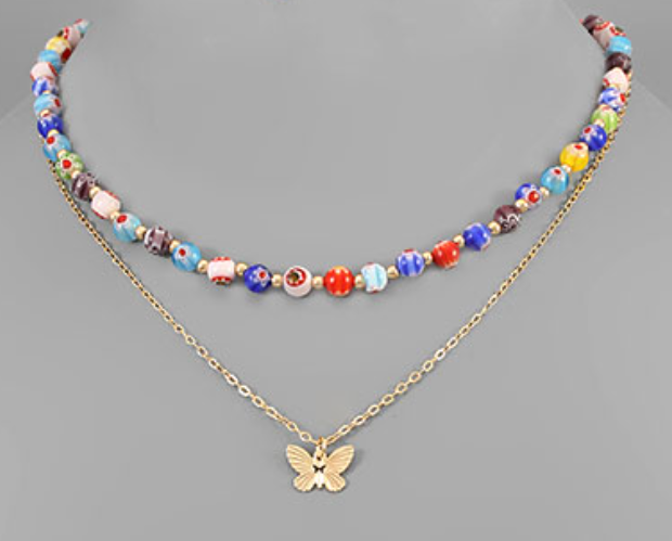 Millefiori Bead & Butterfly Charm Necklace