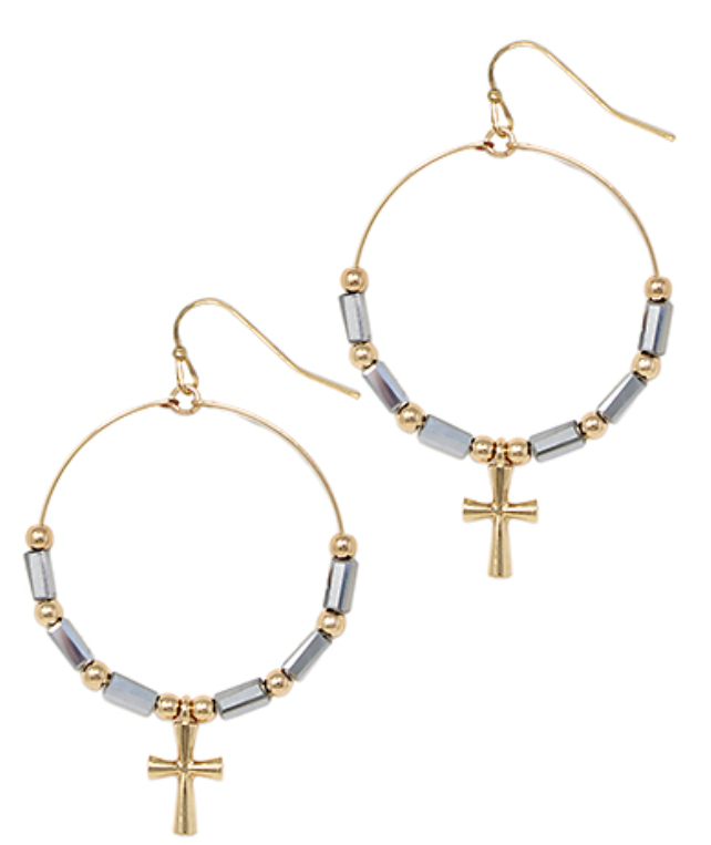 Glass Beaded Circle & Cross Dangle Earrings