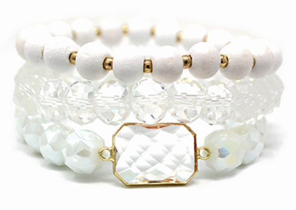 Octagon Accent 3 Row Wood & Glass Beads Bracelet