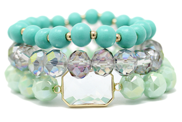 Octagon Accent 3 Row Wood & Glass Beads Bracelet