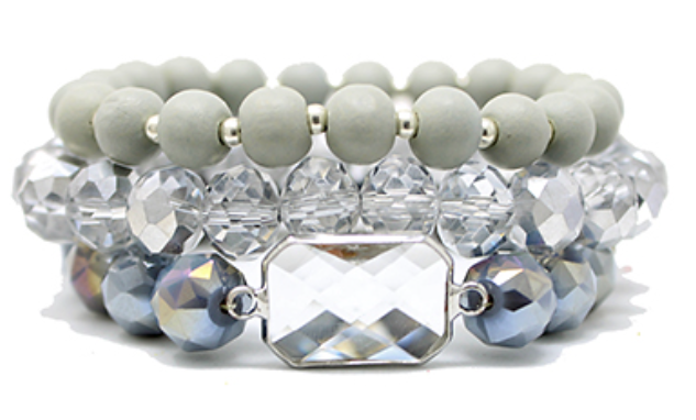 Octagon Accent 3 Row Wood & Glass Beads Bracelet