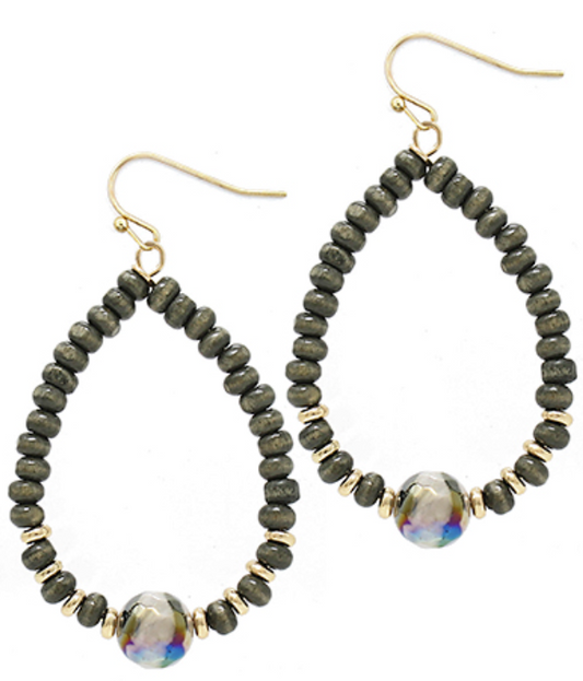 Wood Beads & Stone Teardrop Earrings