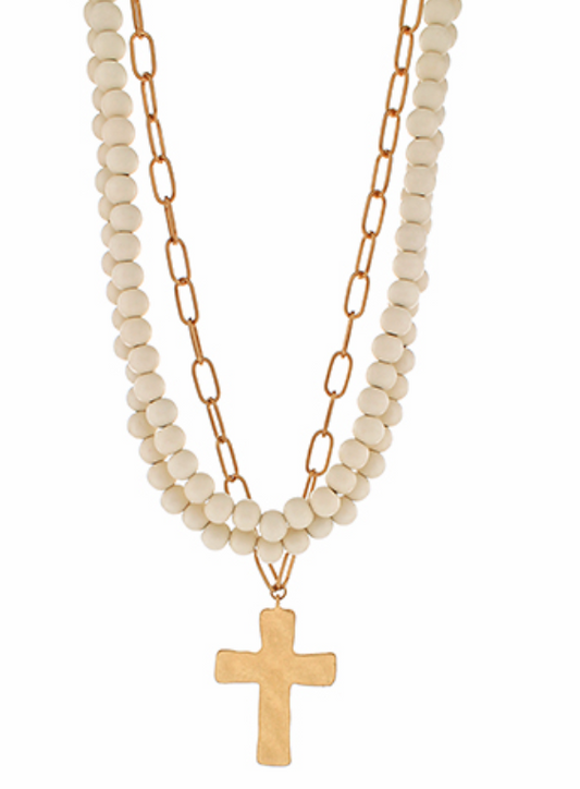 Cross Pendant Wood Bead Triple Necklace