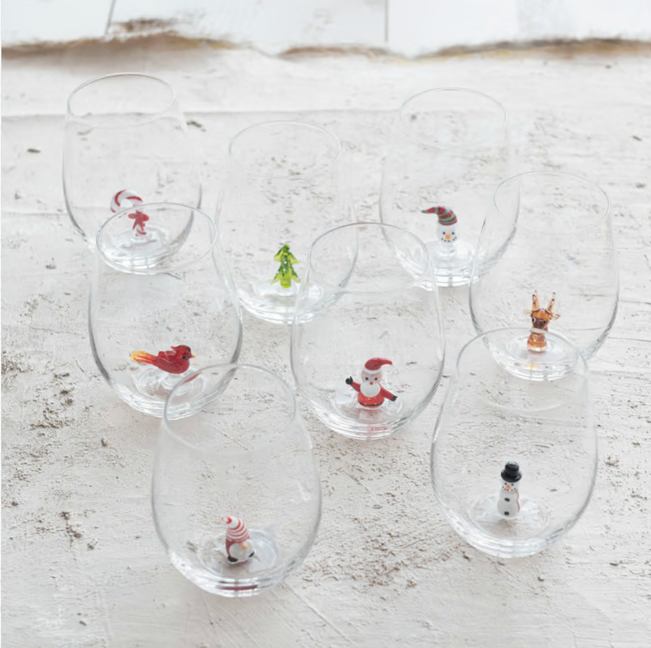 Stemless Wine Glass w/ Holiday Figure