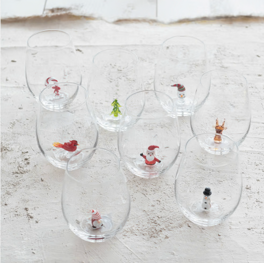 Stemless Wine Glass w/ Holiday Figure