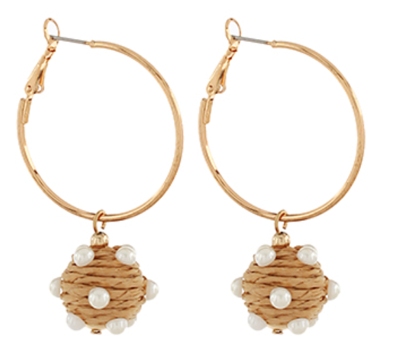 Ring & Wrapped Raffia Ball w/Pearl Earrings