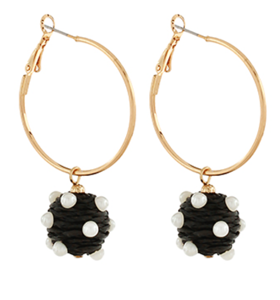 Ring & Wrapped Raffia Ball w/Pearl Earrings