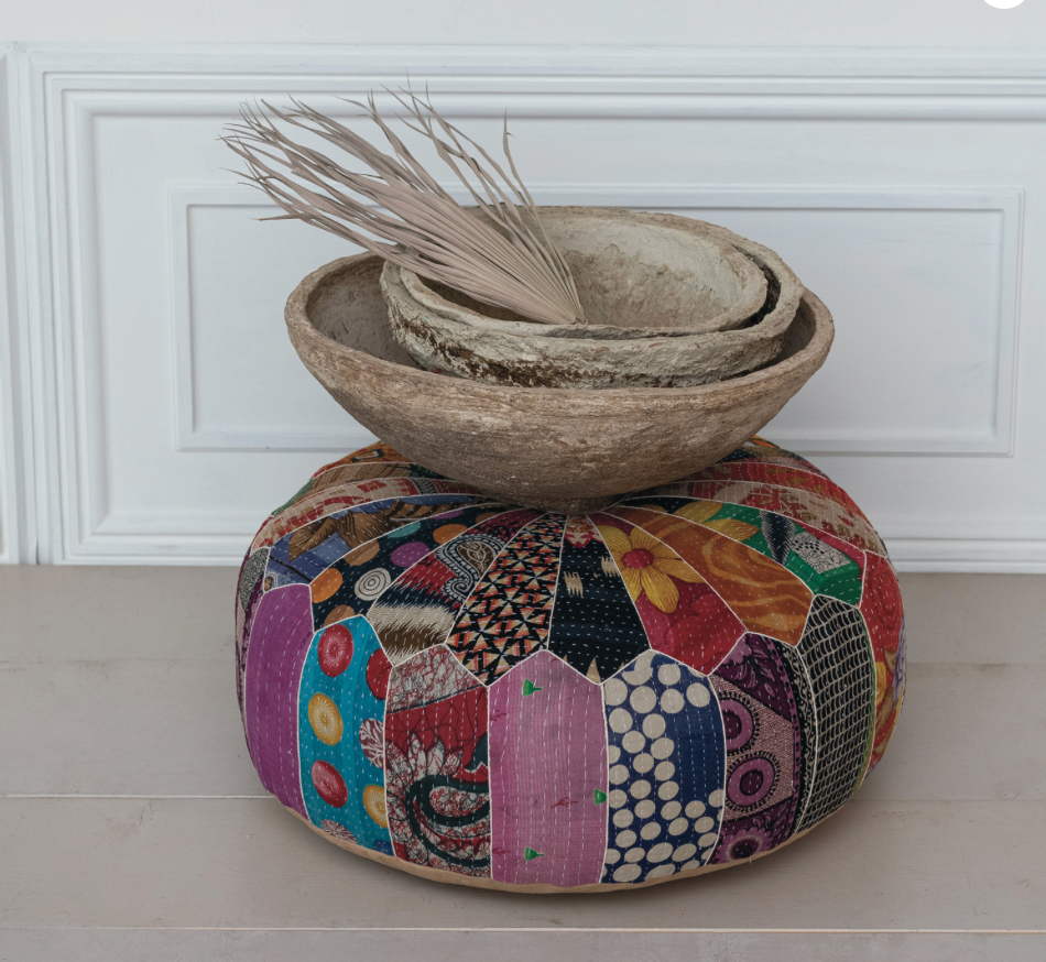 Vintage Cotton Kantha Patchwork Pouf w/ Embroidery – Kennedy Sue Gift ...