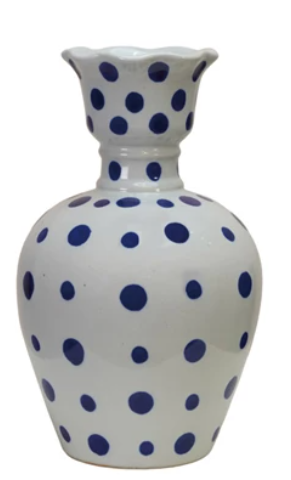 Hand-Painted Stoneware Vase with Dots/Stripes