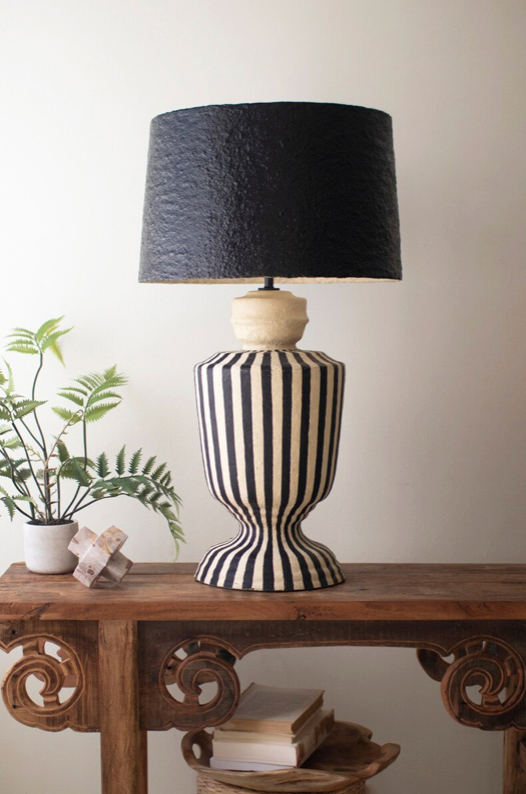 Black Shade Paper Mache Striped Table Lamp