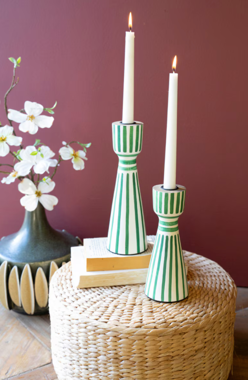 Green Painted Wood Taper Candle Holders