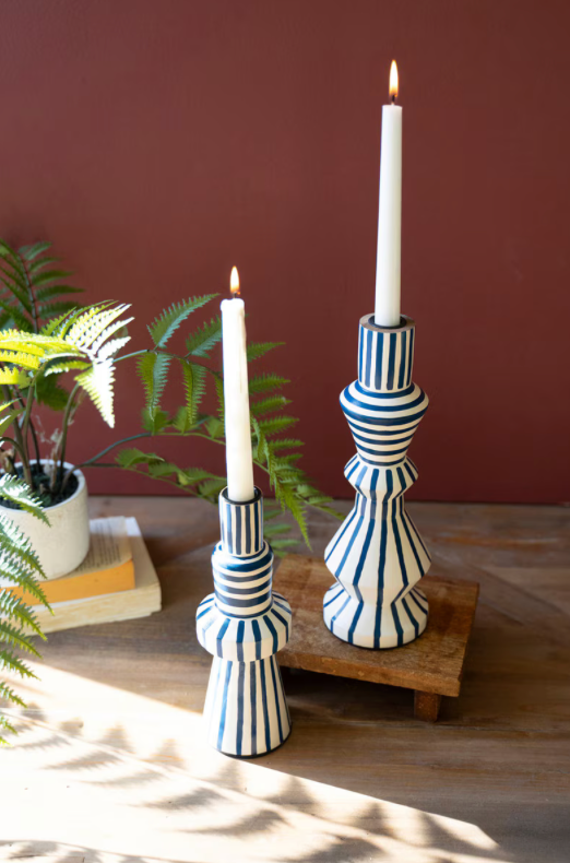 Blue Painted Wood Taper Candle Holders